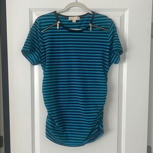 MICHAEL Michael Kors Blue and Black Striped Short Sleeve Tee with Gold Zippers